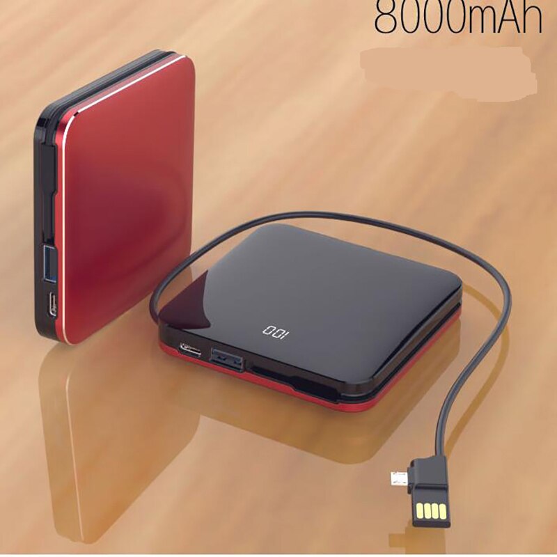 Mini Power Bank 8000mah Thin Mirror Screen 2.1A Fast Charging 3 in1 Built-in Line Portable Charger Powerbank for iphone xiaomi: red with cable