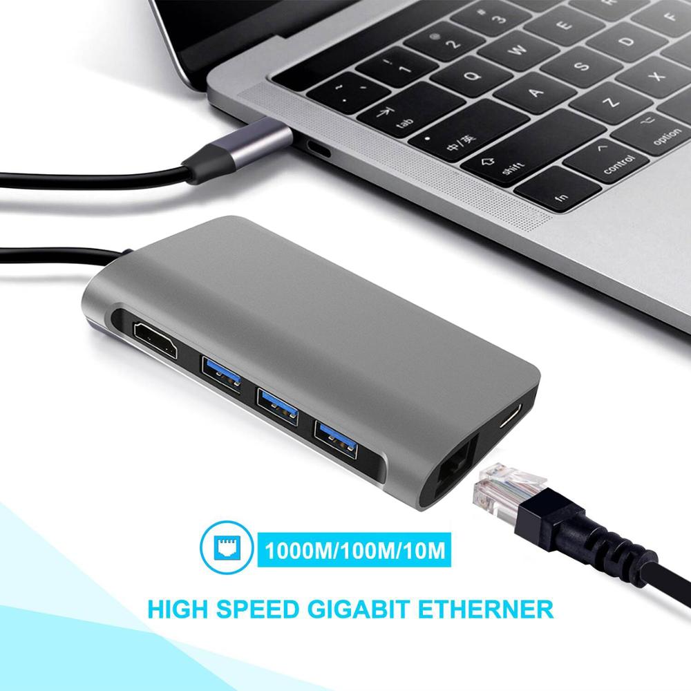 8 in 1 USB C Docking Bahnhof Typ C Verlängern zu 4 K UHD HDMI, 3 USB 3.0 Häfen, SD/TF Slot, RJ 45, USB-C Ladung Hafen für MacBook