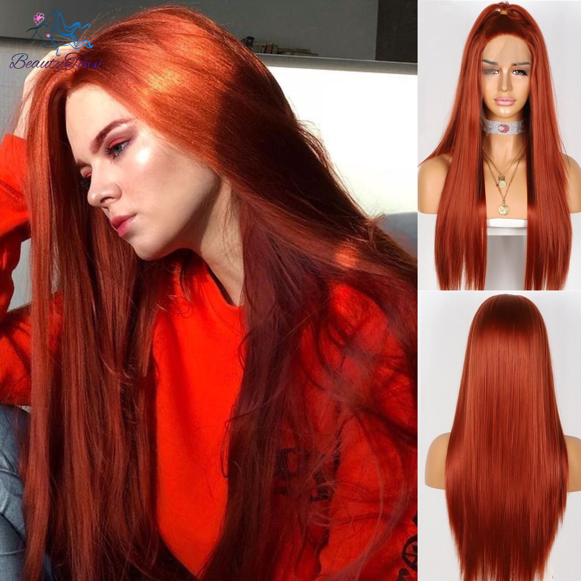 Beautytown syntetisk lang lige kobber rød blond paryk til sort hvide kvinder naturligt blonderhår høj varmebestandig fiber: 24 inches