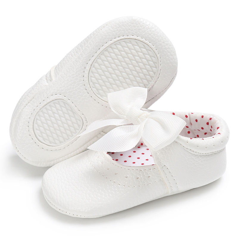 Zapatos de cuero a la para bebé niña, zapatos de princesa de niña pequeña con lazo de PU, sin cordones de 0 a 18 M: Blanco / 13-18 meses