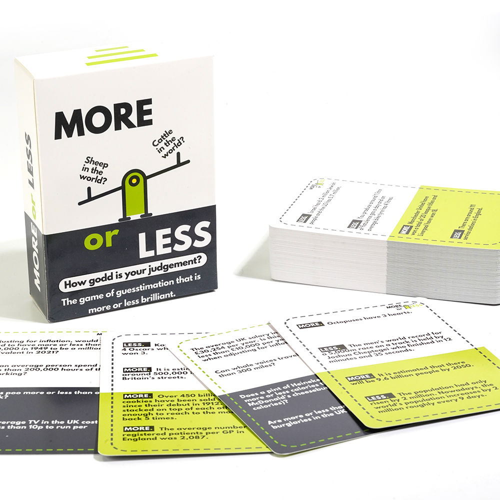 Jeu de cartes plus ou moins, comment bon est votre jugement, première édition, 1 pièce, jeux éducatifs, a un devinez le jeu de quiz