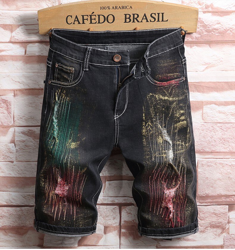 Pantalones cortos vaqueros con agujeros para hombre, Shorts elásticos negros, rectos, de algodón, Estilo de Calle Principal: 29