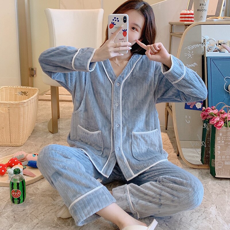 Kvinder pyjamas sæt hjemmetøj fleeced vinter efterår barsel pyjamas jakkesæt flannel amme pyjamas gravid amme nattøj