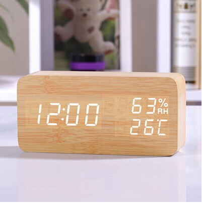 FiBiSonic Holz holz LED Wecker, Despertador Temperatur Feuchtigkeit Elektronische Schreibtisch Digitale Tabelle Uhren: Bambus Weiß