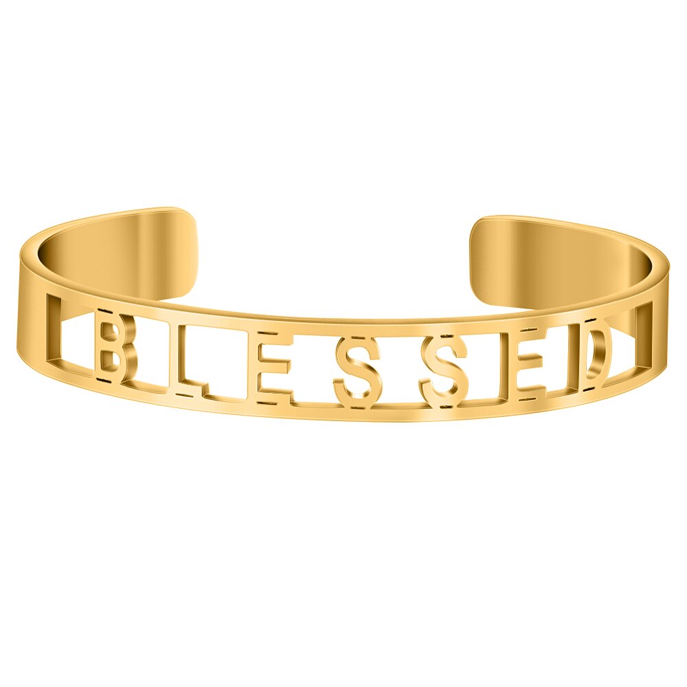 Cor do ouro oco para fora de aço inoxidável palavras inspiradoras positivas mantra mantra mantra pulseira pulseiras para homem presente feminino: BLESSED