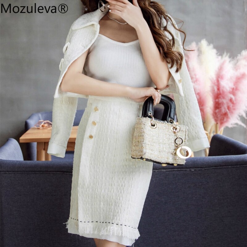 Mozuleva-Conjunto de 2 piezas de Tweed para mujer, chaqueta de botón con perlas y lazo, bufanda, chaleco, Vestido corto de Tweed para invierno