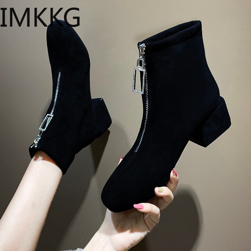 Lynlås bagpå sorte ankelstøvler til kvinder varm indersål damestøvler lav hæl efterår/vinter damesko botas de mujer