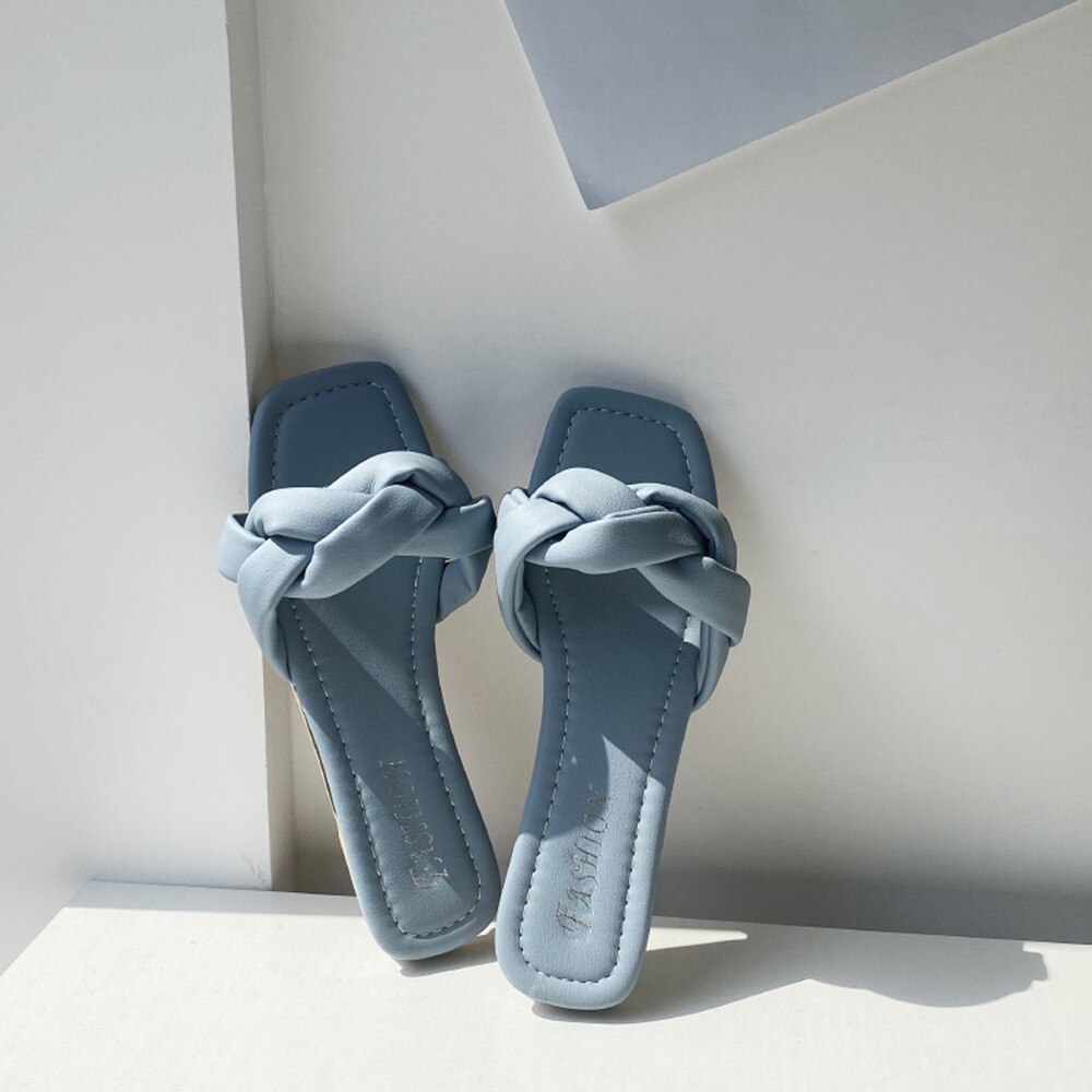 Damesschoenen zomer buiten sandalen dames touw breien twist slippers platte strandschoenen meisjes winkelstraat slippers: Blauw / 5