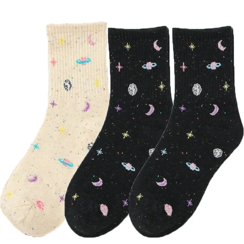 Calcetines divertidos con de estrellas y Luna para mujer, calcetín de tubo espacial con planeta Harajuku, colorido, dulce, cálido, informal, ropa de calle Meias: Azul cielo