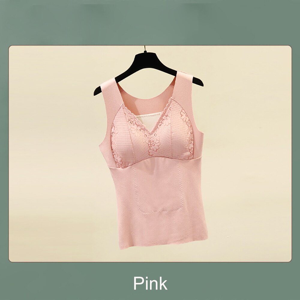 Frauen Winter warm Plus Samt Panzer oben sexy V-ausschnitt Spitze Ernte Spitzen Leibchen Dicke Weibliche oben Mit gepolstert Seide Patch caraco femme: Rosa / XXL Pro 70-80kg