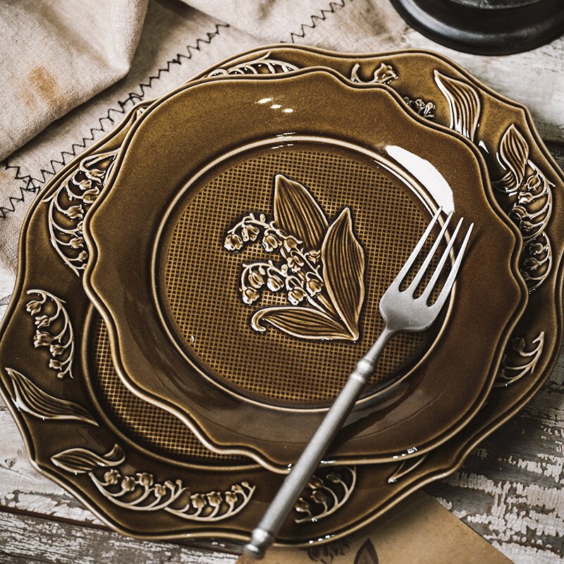 Retro Ceramic Plate Sets French Lily of The Valley Relief Dinner Set Plates and Dishes Western Restaurant Desktop Steak Dish
