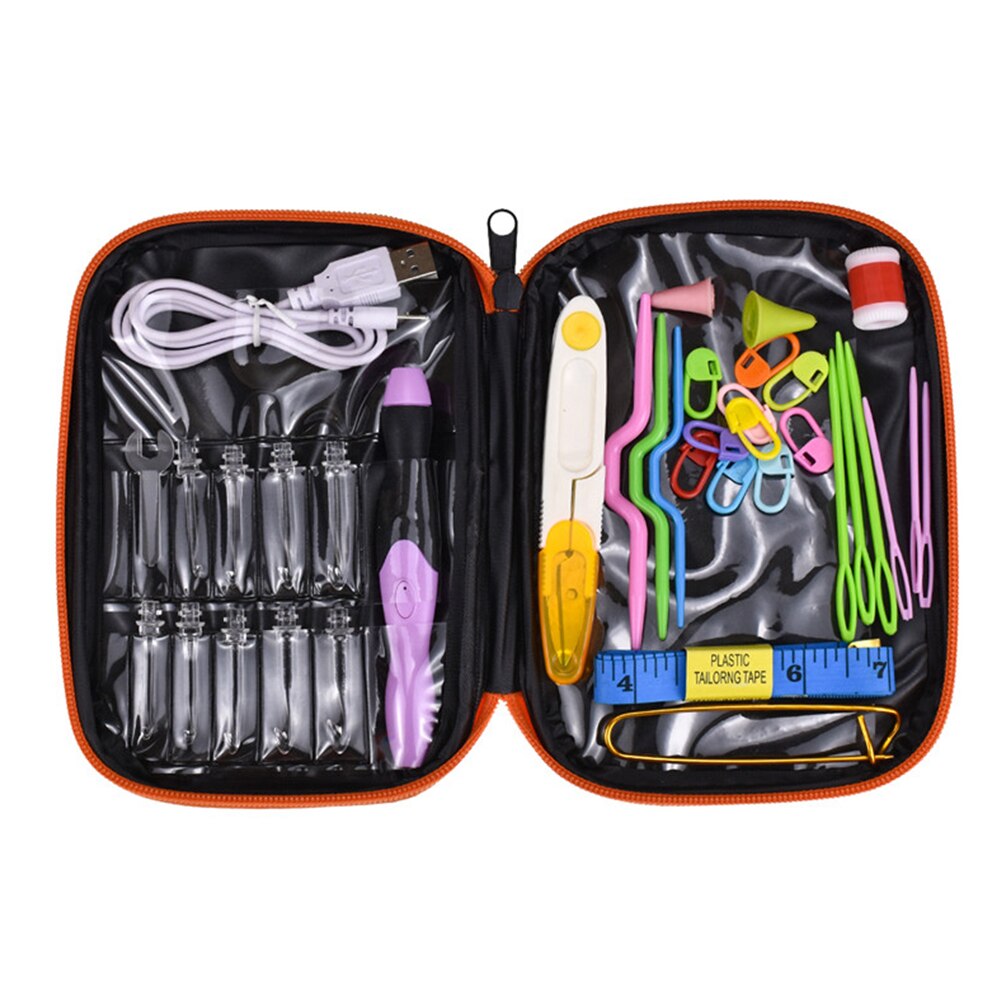 Plast usb led lys opp håndtak strikkepinne heklenål lett vevd syhåndverksverktøy med pose strikkeverktøysett