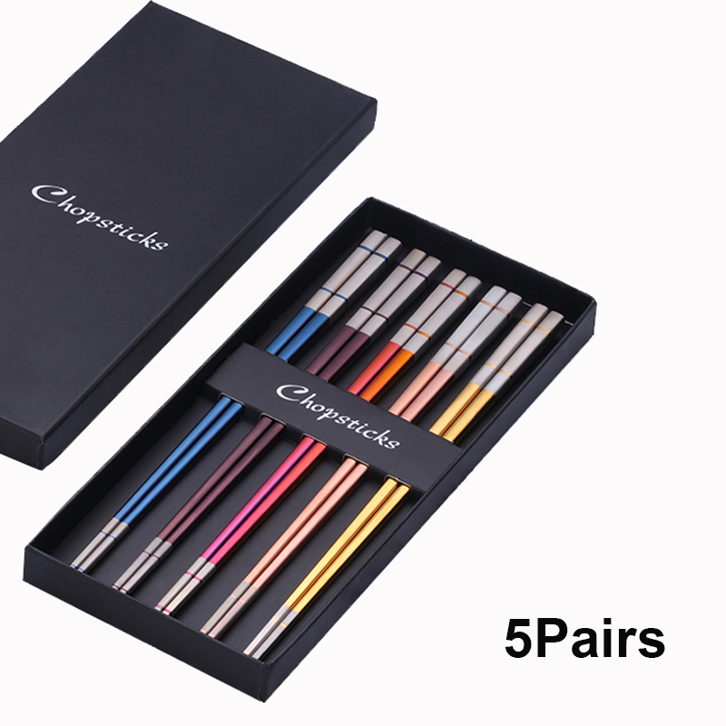 Baguettes chinoises de luxe en acier inoxydable, 5 paires, baguettes à Sushi réutilisables en titane doré avec boîte, bâtons alimentaires en métal: Or