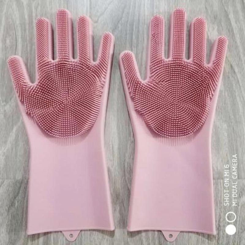Magiska silikongummi diskhandskar miljövänliga skrubber rengöringsborste för kökssäng badrum hårvård: Ett par rosa