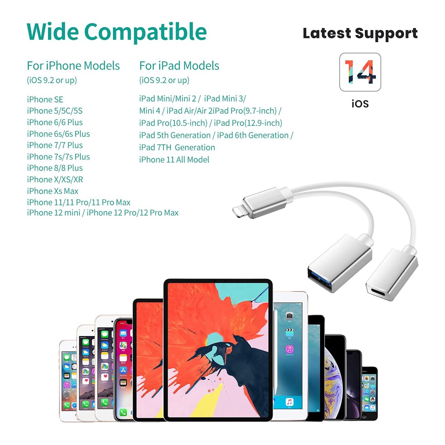 Melaudio otg-kabel med usb-ladeport lightning for iphone ipad ios 9 to 14 hann-til-hun-adapter for midi-tastatur