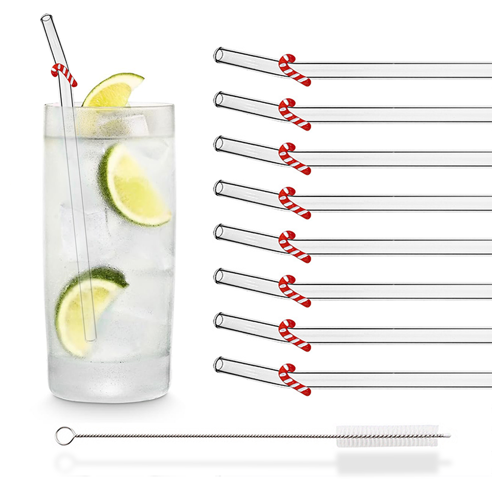 8 szt. Świąteczne Szklane Słomki robić Mleka, Herbaty, Soków, Koktajli z Szczoteczką, Zestaw Szklanych Słomek z Wysokiej Jakości Szkła Borokrzemowego, Akcesoria Kuchenne i Barowe: zielone światło