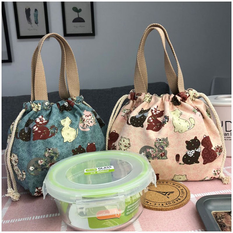 Canvas Print Picnic Lunch Bag Drawstring PortableTote Bag Food Storage Box for Women Cartoon Printing Fruit Thermal Bags