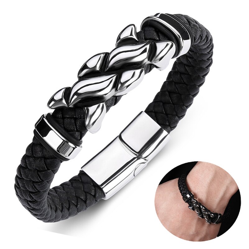 Punk Leather Braided Bracelet Flame Stainless Steel Magnetic Clasp Bangle Stylish for Men Women Cuff Bracelets