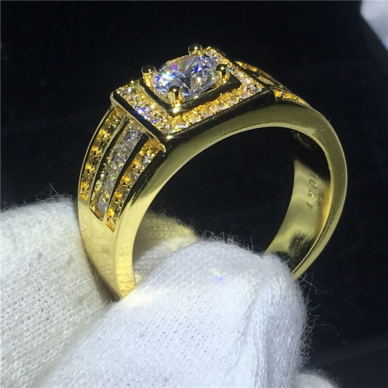 Solitaire masculino amarelo ouro enchido anel 5mm aaaaa zircon cz noivado casamento anéis de banda para homens moda jóias