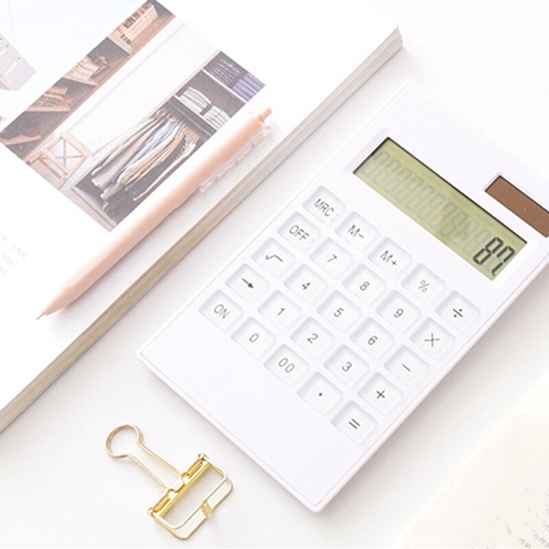 Ultra Thin Portable Thin AAA Battery Solar Powered Dual Power Calculator Screen 12 Digit Office Calculator, White