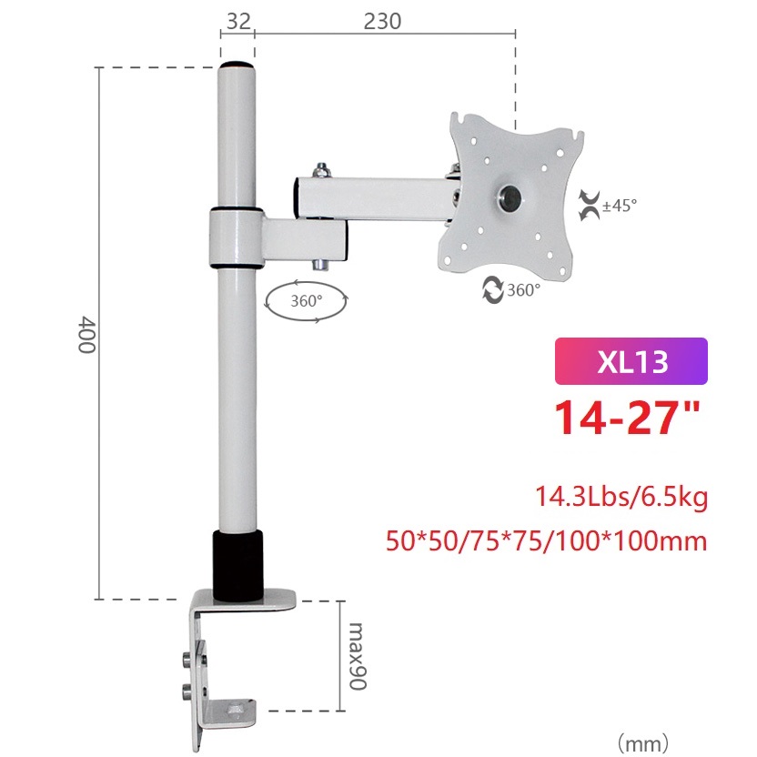 HILLPORT 10-27&quot; Steel Single Arm Lcd Tv Table Mount Tilt 360 Rotate Monitor Desktop Stand Vesa 75 100 Full Motion Bracket White: XL13-400