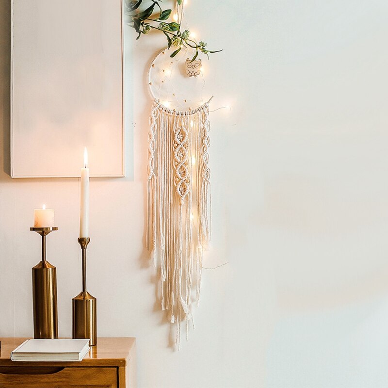 Bohemian DIY Handmade Macrame Wall Hanging Tapestry/ Dream Catcher Home Wedding Ornament Decor,with LED