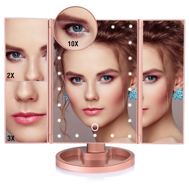Makeup spejl led berøringsskærm 22 lys bord skrivebord makeup 1x/2x/3x/10x forstørrelsesspejle forfængelighed 3 folde justerbart spejl