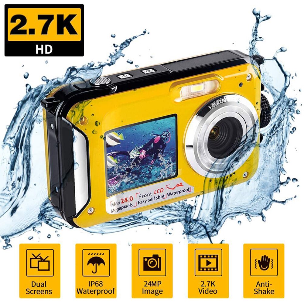 Waterproof Digital Camera 1080P HD 2.4MP Dual Screen Underwater DV Recorder Selfie Video Recorder for Swimming