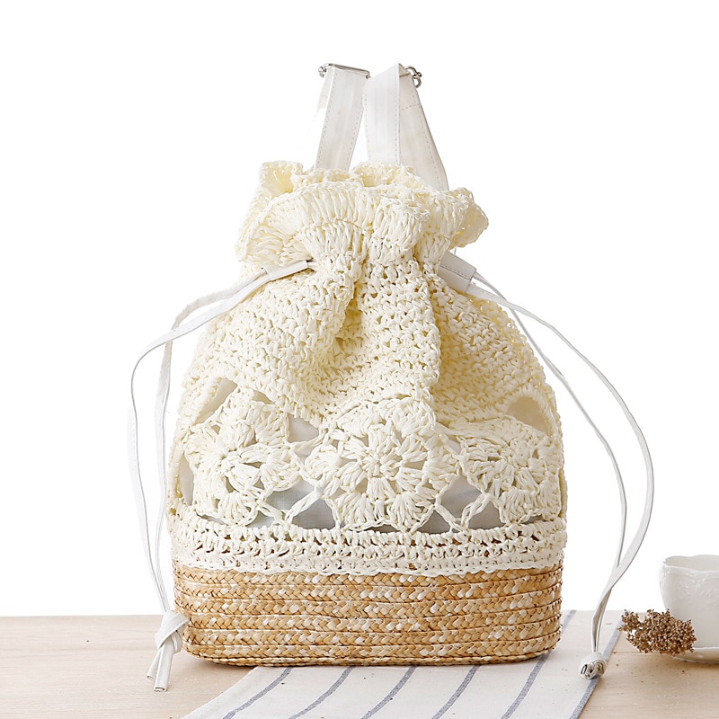 Summer Knitted Flower Drawstring Bag Crochet Straw Pouch Bohemian Hollow Out Backpack Women Textile Bags Beach