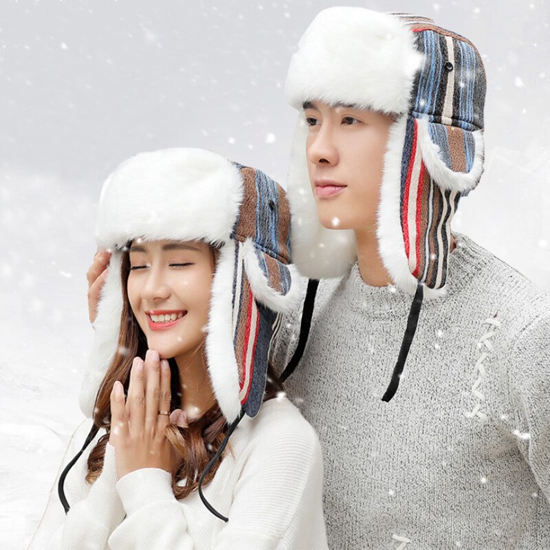 HT1383 Men Women Winter Hat Striped Thick Russian Fur Hat Ski Earflap Trapper Hat Lover Couple Bomber Hat Ushanka