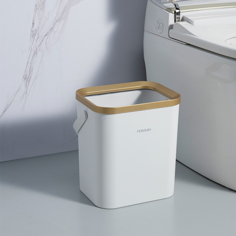 15L Kitchen Bathroom Trash Can with Handle Golden Luxury Square Trash Bin Office Paper Recycling Wastebasket Storage Box