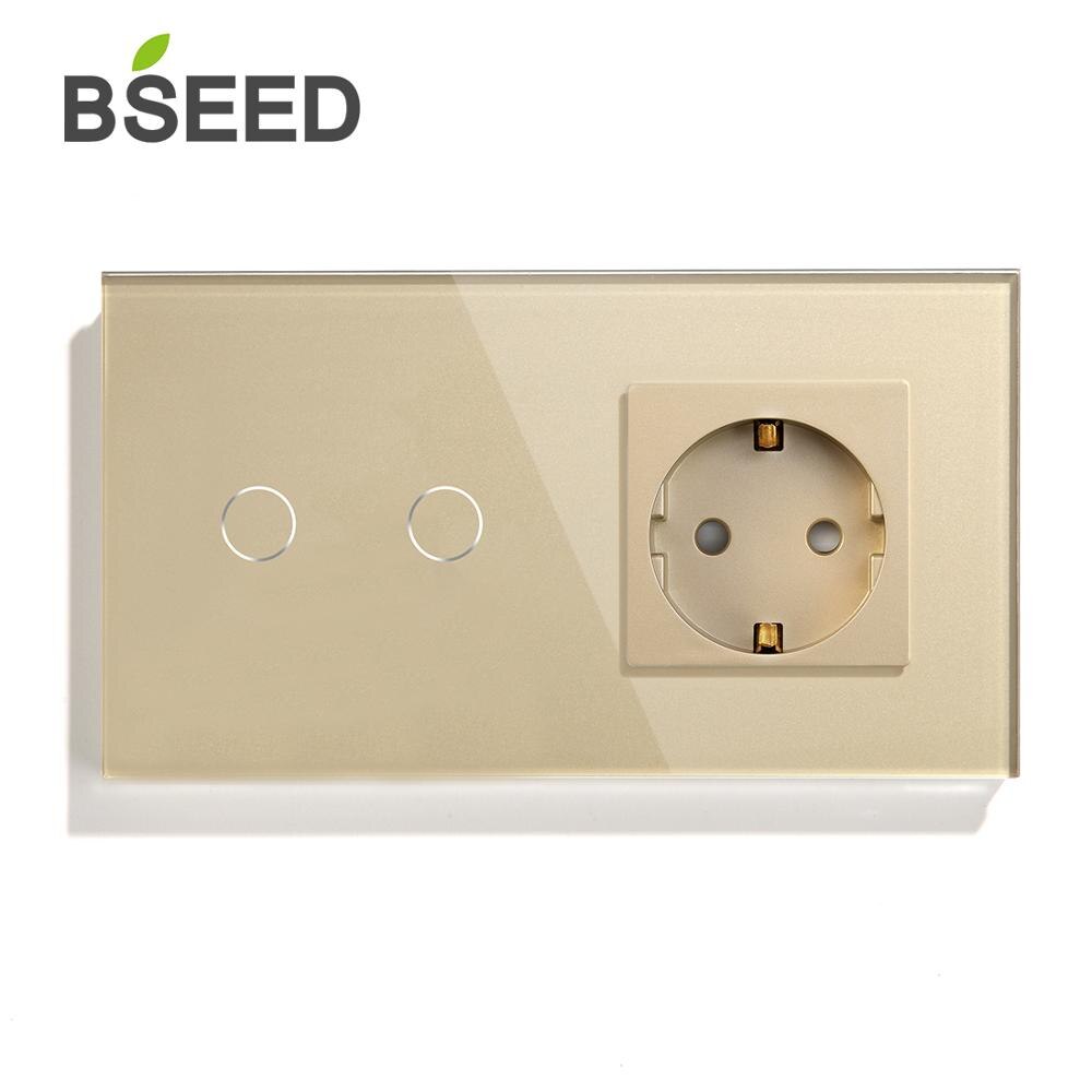 BSEED 2 Gang 1 voie 2 voies interrupteur tactile avec prise Standard ue noir blanc or cristal verre panneau commutateurs 3 couleurs