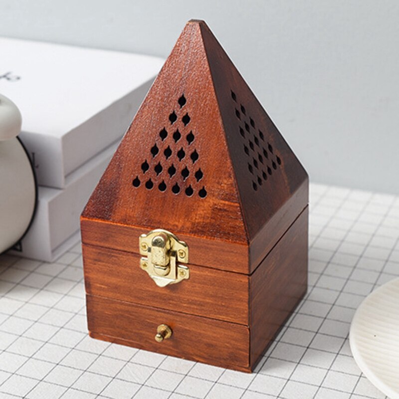 Houten Agarwood Sandelhout Doos Wierook Brander Brander Antieke Aromatherapie Brander Creatieve Piramide Hollow Wierook Doos