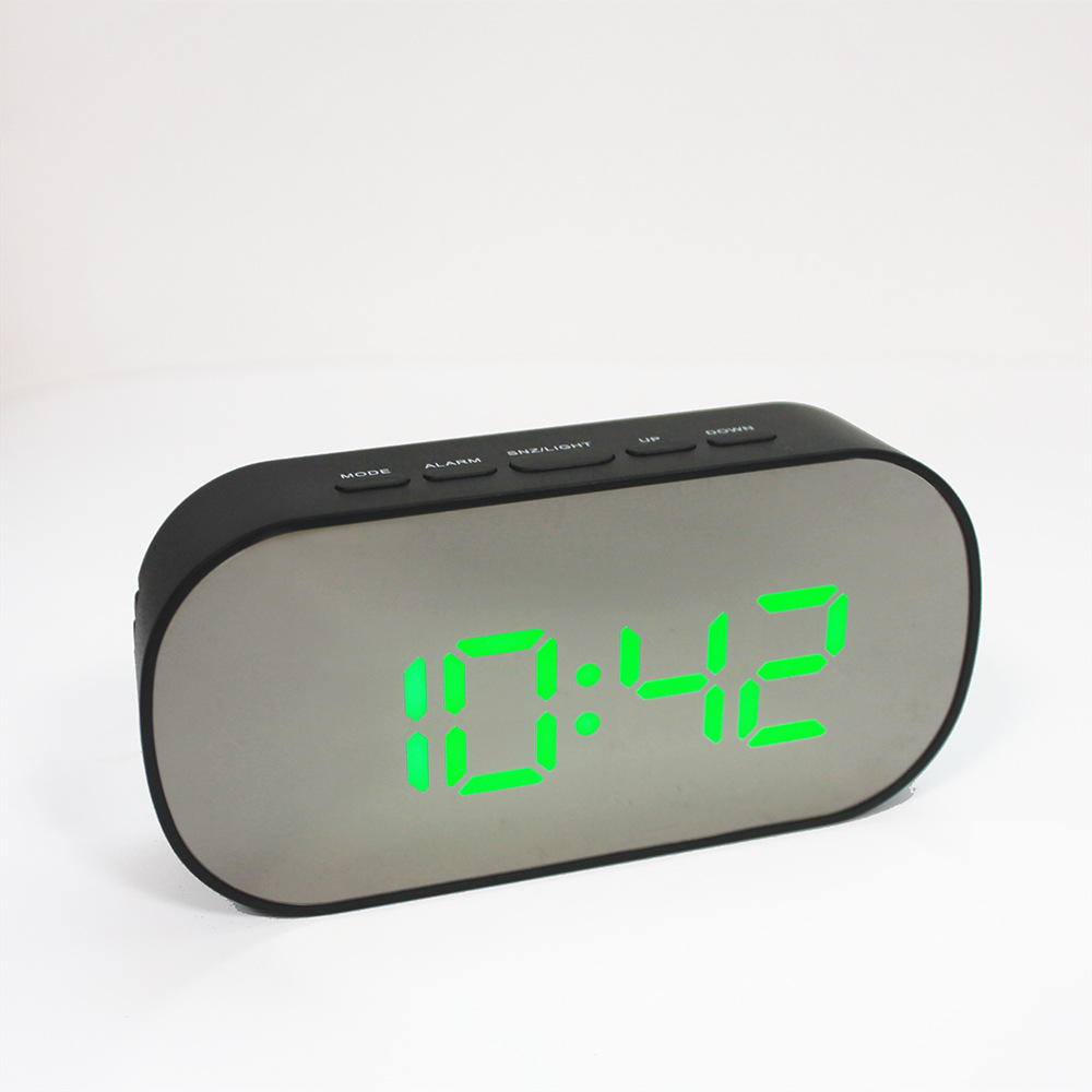 Rundt ledet spejl vækkeur digitalt bordur natlys snooze med temperatur elektronisk despertador hjemindretningsur: H