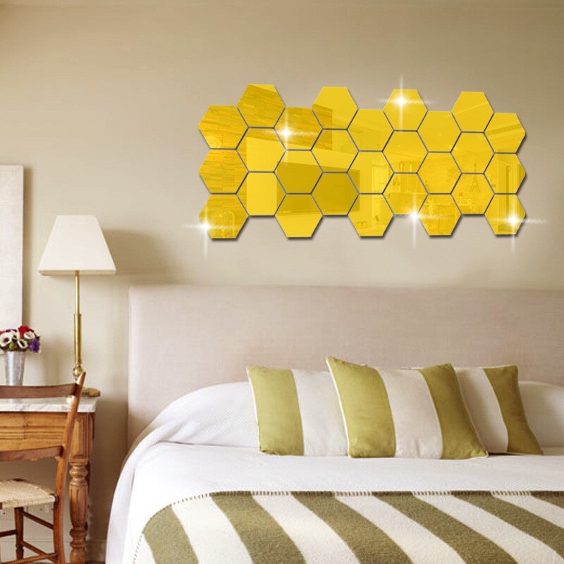 3d vægspejle geometrisk sekskantet spejl vægmærkat klistermærke forstør stue aftagelig sikkerhed diy kunst ornamenter boligindretning: Guld / Xs 46 x 40 x 23mm