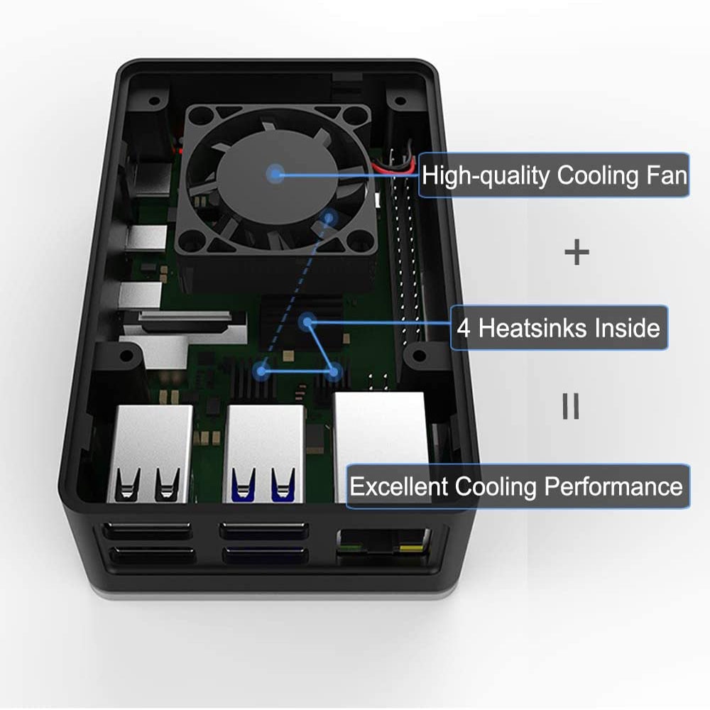 Boîtier BIFACE en Aluminium Raspberry Pi avec dissipateur thermique ventilateur 35mm, remplaçable, couvercle supérieur amovible pour Pi 4 modèle B/ 4B (modèle V) noir