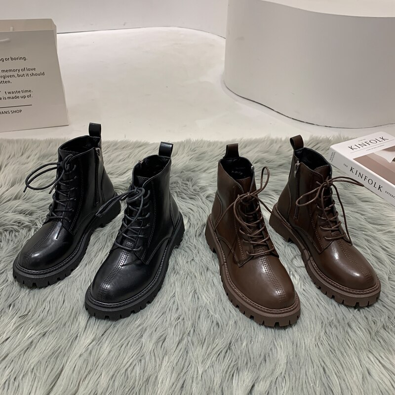 Chunky Martin Laarzen Vrouwen Bruin Warme Pluche Ronde Neus Kant Rits Lederen Lace-Up Britse Stijl Trendy Vrouwelijke enkellaarsjes