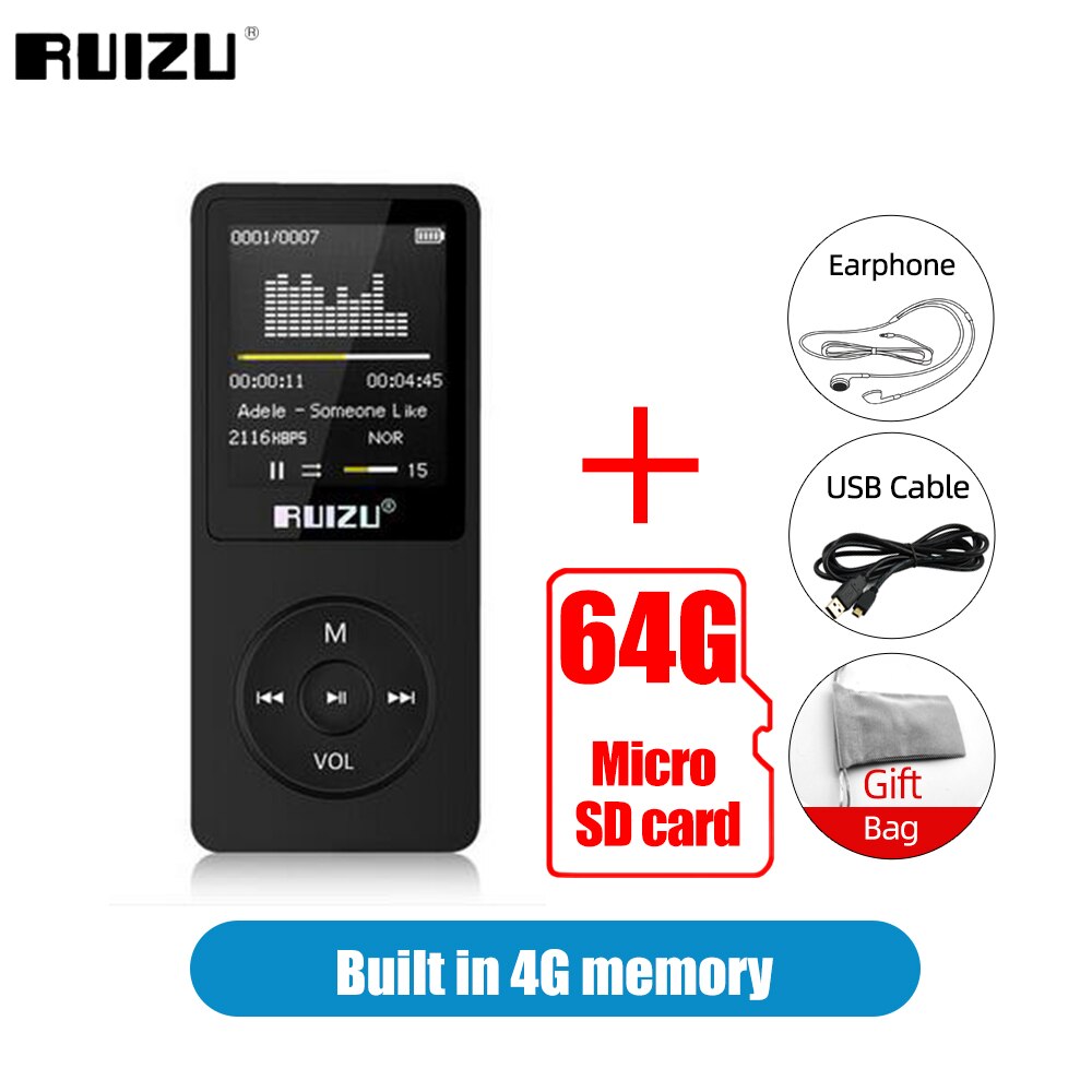 RUIZU X02 lettore MP3 ultrasottile con schermo Mini lettore musicale 4G supporto Radio FM registratore vocale E-book lettore Audio Video Walkman: Black 64G TF Card