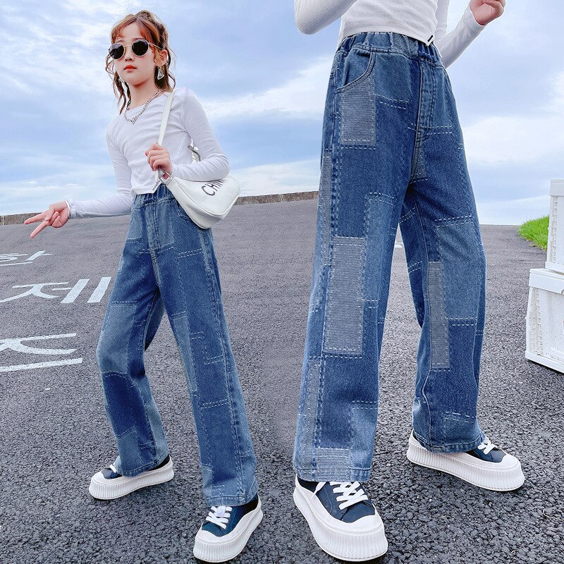Jeans for Girls Patchwork School Uniform for Children Spring 2022 Kids Pants Blue Wide Leg Pants Casual Loose Jeans