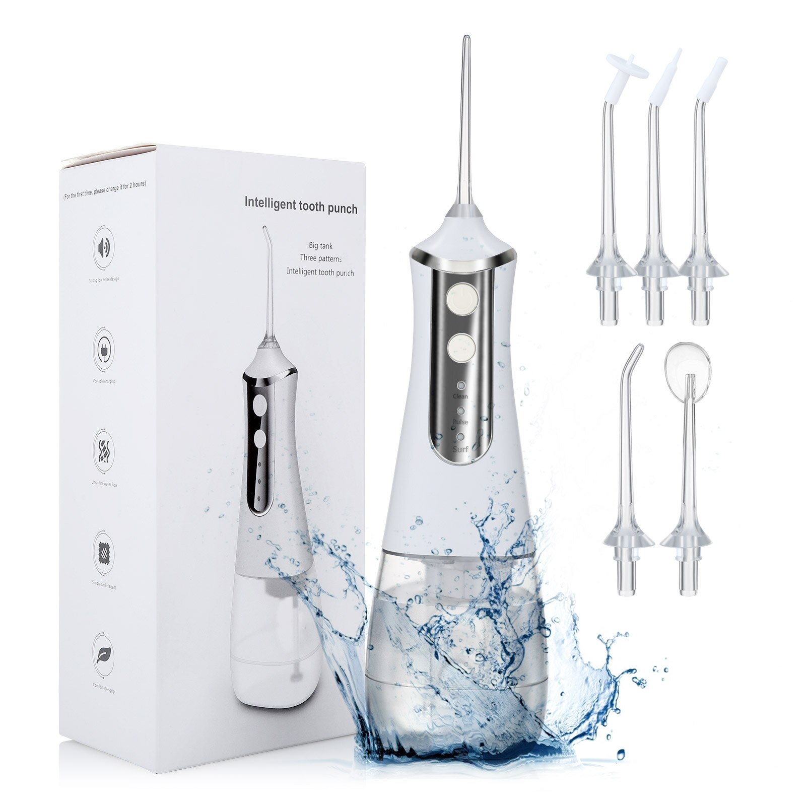 Irrigateur buccal électrique, hydropropulseur, Rechargeable en 3 modes, blanchiment des dents, Jet d'eau, réservoir d'eau de 350ML, étanche, nettoyeur de dents: White