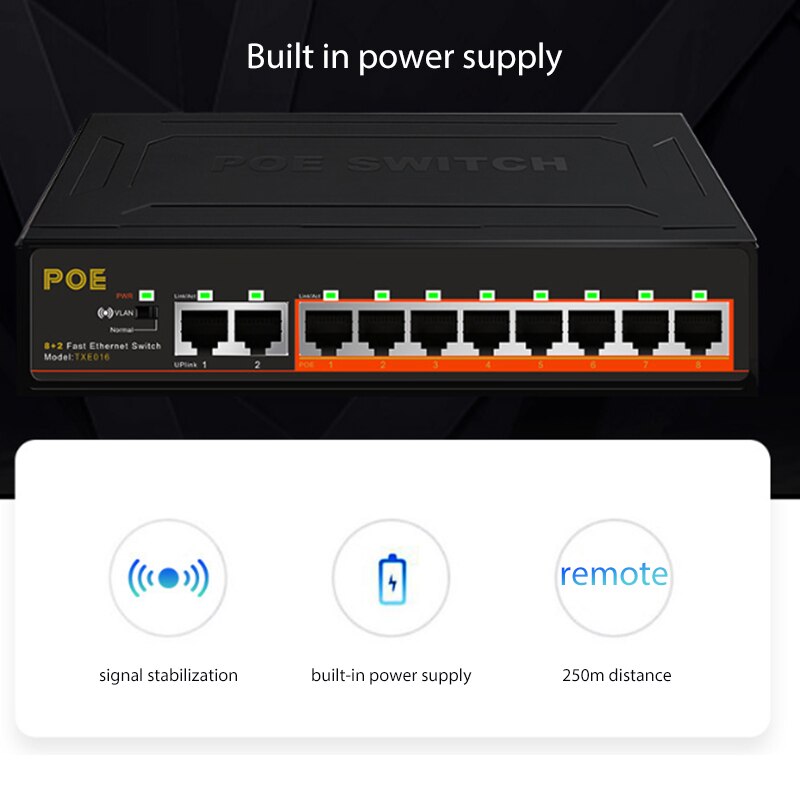 100 mbps 8 + 2 portas poe switch com câmera de monitoramento de alimentação interna iluminação sem fio vlan 52v 10-port poe switch