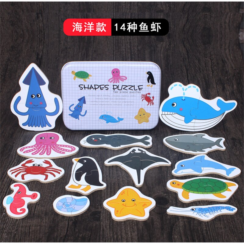 Voertuig/Fruit/Dier Set Paar Puzzel Educatief Baby Speelgoed Ijzeren Doos Zuigeling Vroege Hoofd Start Training Puzzel cognitieve Kaart: ocean