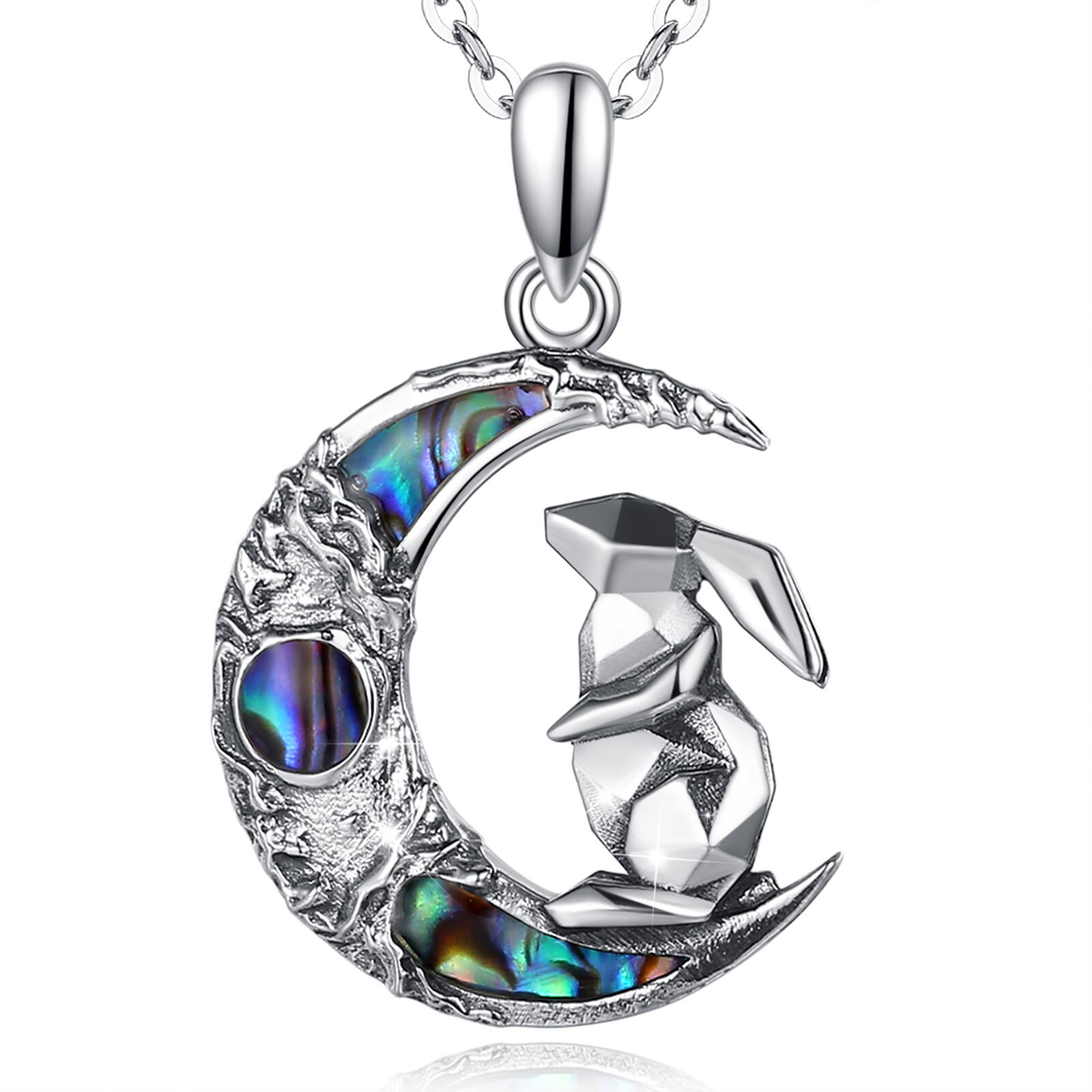 Beach Life Treasures 925 Sterling Silver Rabbit & Crescent Moon Pendant – Rainbow Moonstone, Animal Totem Jewelry