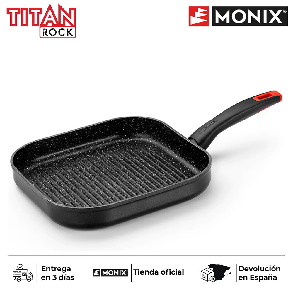 Monix Titan Rock-Non-stick Keuken Pannen Met Grill 28Cm Non-stick Aluminium Met Zwarte Strepen. Voor Gas, Vitroceramic En Inductie. Steen Effect. Keukengerei.