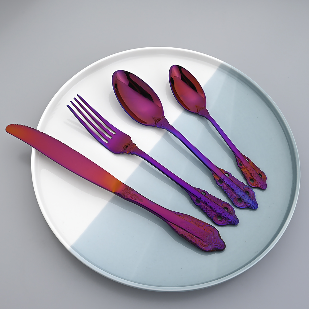 24Pcs Dinnerware Set Knives Fork Tea Spoon Dinner Tableware 304 Stainless Steel Purple Cutlery Set Kitchen Flatware Silverware
