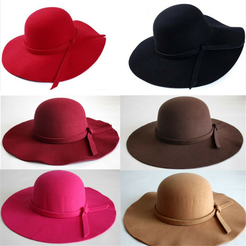 Fes sol Vintage de las mujeres Floppy Bowknot sombrero de ala ancha sombrero de fieltro de lana Fe damas vacaciones sombrero al aire libre