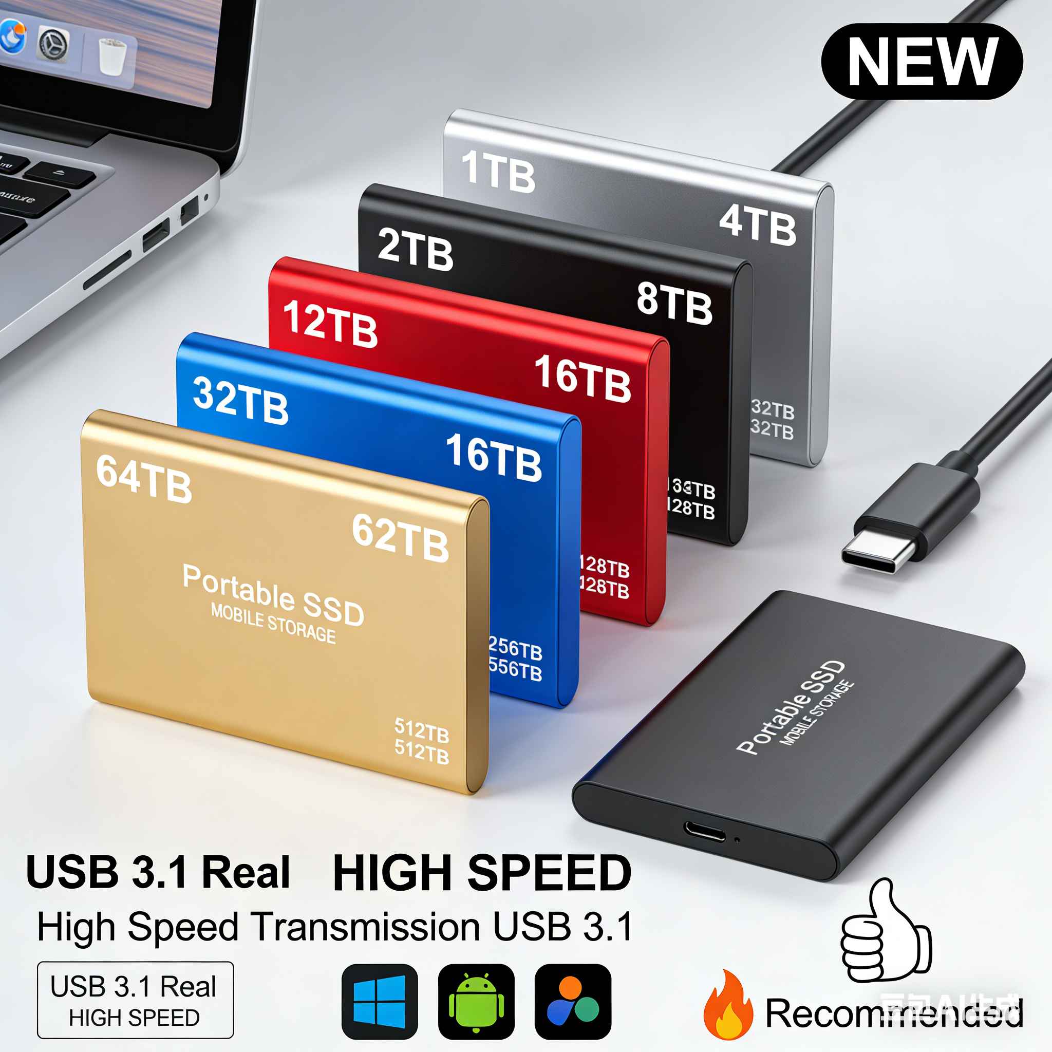 Bærbar ssd 1tb 2tb stk.) ekstern ssd usb 3.2 type-c ekstern harddisk hurtig lagring til bærbar pc telefon
