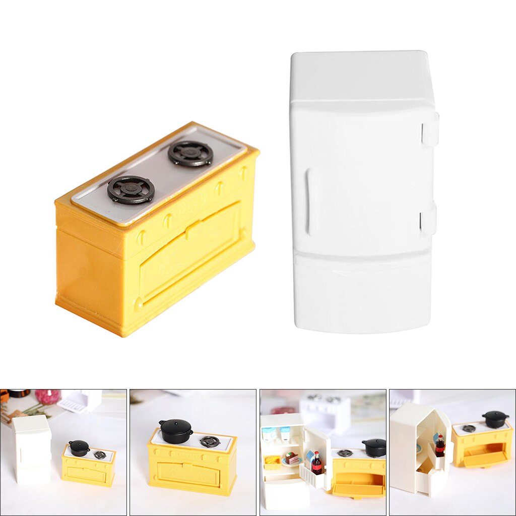 1:12 Scale Doll House Modern Miniature Plastic Kitchen Fridge Refrigerator Stove Burners Furniture Set for OB11 Dolls Decorative