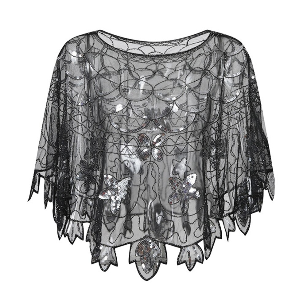 Lady Sequin Luxury Shiny Party Cape Women Bling Bling Amazing Evening Shawl Celebrity Formal Event Accessory Black: Black Silver