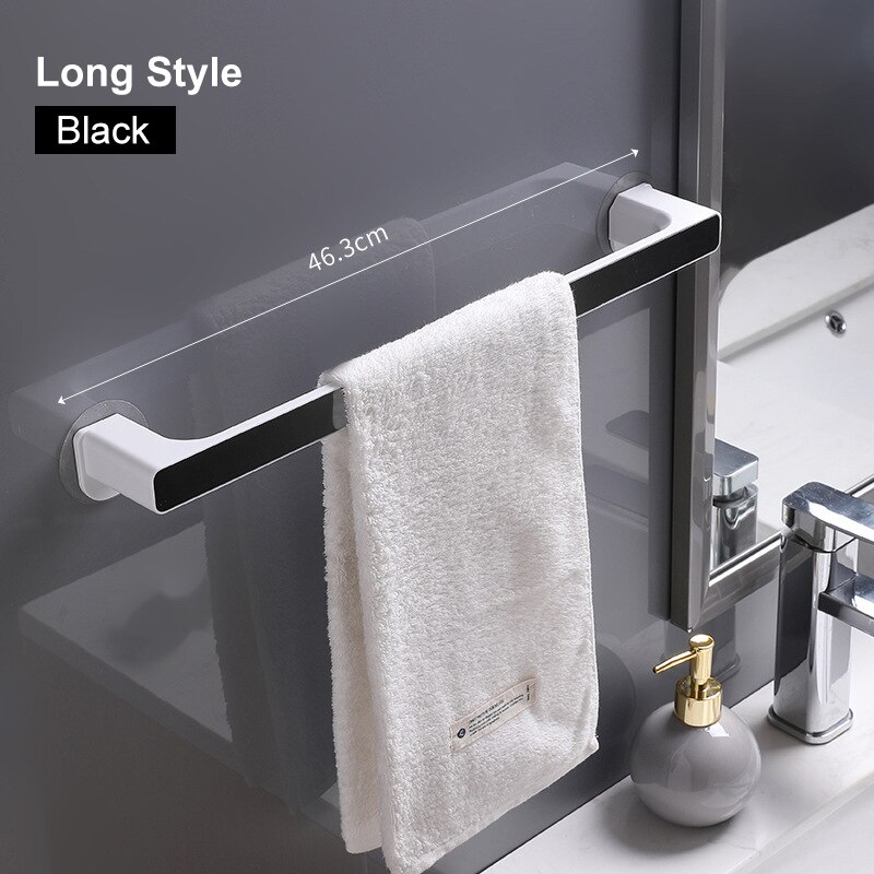 2 størrelse /4 farve plast selvklæbende rack monteret håndklæde bar bøjle hylde hængende krog håndklæde væg holder badeværelse køkken toilet: Sort lang stil